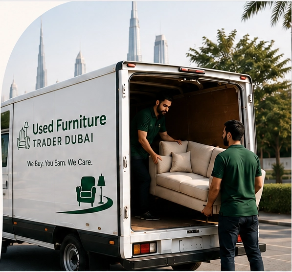 Used Furniture Trader Dubai moving van with movers loading a sofa