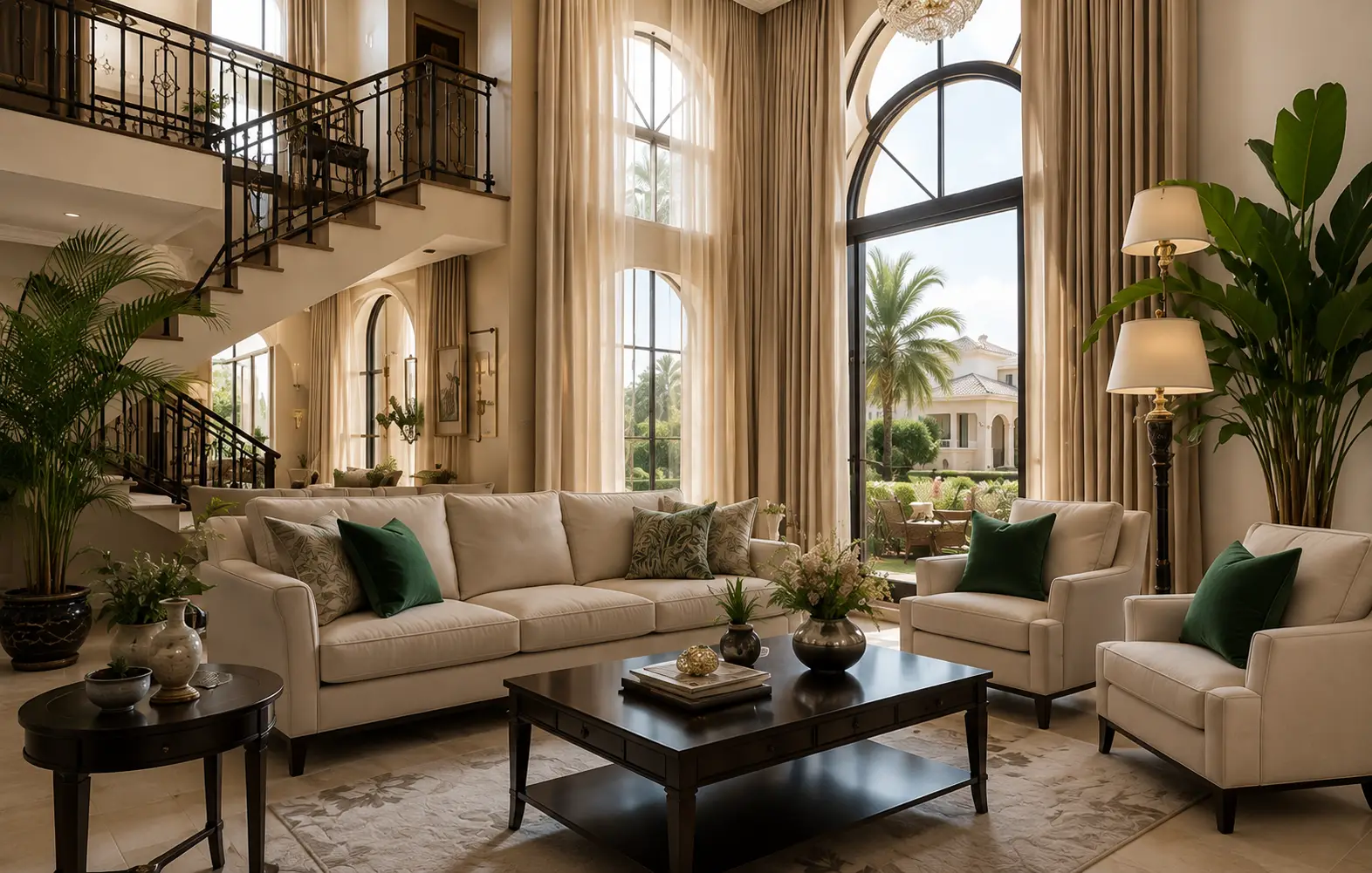 Luxurious Dubai villa living room with elegant beige sofas, tall arched windows, and lush tropical plants